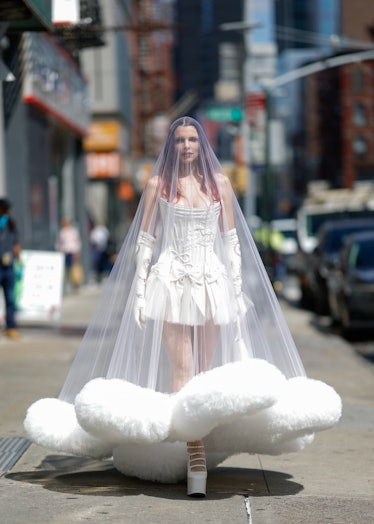 Julia Fox Sits Front Row in a Mini Wedding Dress With a Major Veil